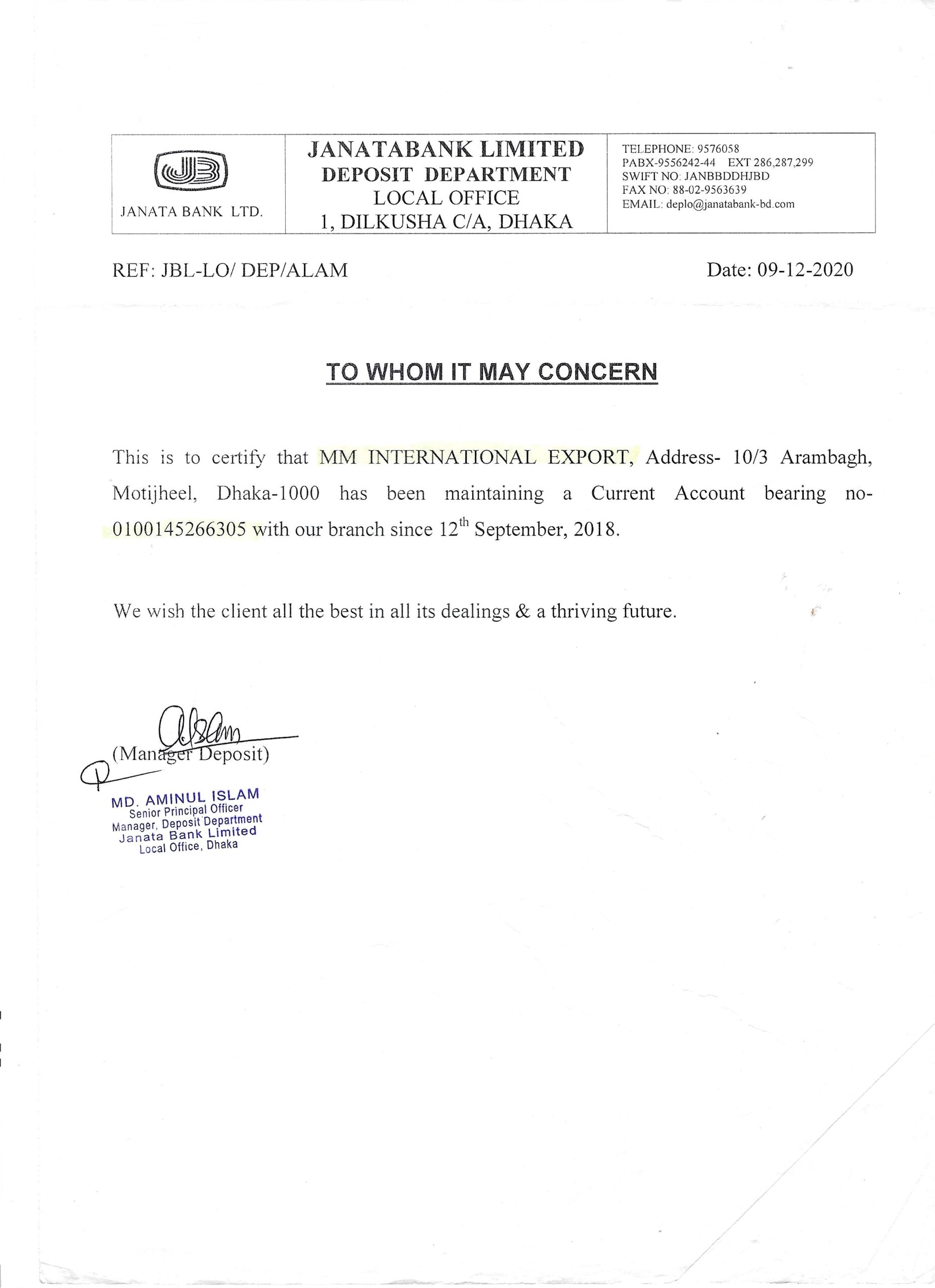 Bank concern of MM international export